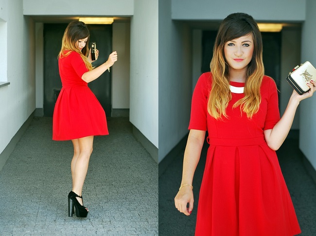 Stylizacja z czerwoną sukienką